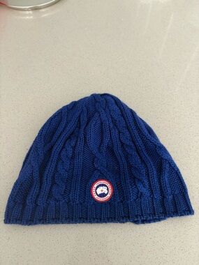 Canada Goose Royal Blue Cable Knit Beanie with Logo Patch